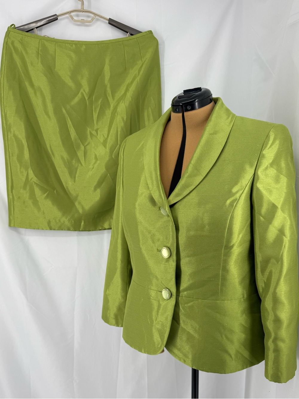 Le Suit Chartreuse Satin Blazer and Pencil Skirt